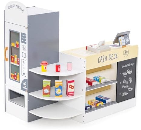 HOMASIS Kinder Kaufladen, Kaufmannsladen Holz mit 15 Zubehör & Tafel, Verkaufsstand mit Seitentheke, Supermarkt-Set mit Kasse, POS & Verkaufsautomat, Einkaufsladen für Kinder von 3 bis 8 Jahren (Weiß)