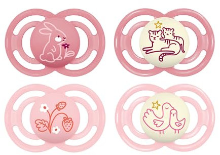 MAM Perfect Day & Night Schnuller im 4er-Set, leuchtend im Dunkeln, zahnfreundlicher Baby Schnuller aus nachhaltigen & bio-erneuerbaren Materialien, mit Schnullerbox, 16+ Mon, Hase/Blume/Tiger/Vogel