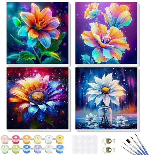 GHHKUD 4 Pack Flower Peinture à Numéros Enfants Adultes Débutants, DIY Peinture Acrylique pour Adultes Enfants débutants Facile sur Toile avec peintures et pinceaux, Kits de Loisirs Créatifs 20×20cm