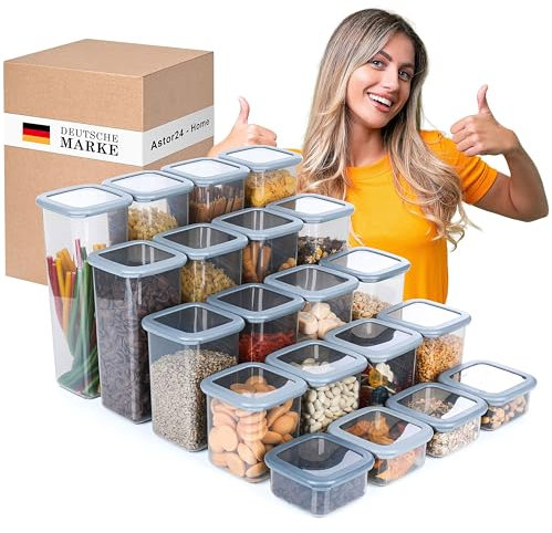 astor24 PREMIUM Vorratsdosen Set mit Deckel Luftdicht | 20er Vorratsbehälter | BPA-FREI | Müsli Mehl und Zucker | 0,4-2 Liter | 5 Größen | Aufbewahrung & Organisation für alle Lebensmittel