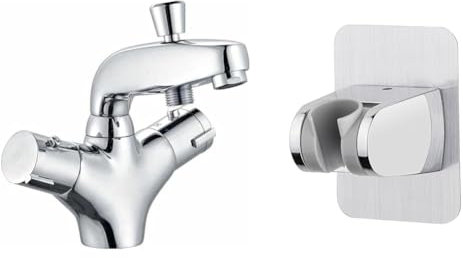 Edouard Rousseau - Mitigeur Thermostatique Bain-Douche Volga 2 - Remplissage Rapide & Ibergrif M20405, support de pommeau de douche sans perçage adhésif 3M - support de douche réglable (45°)