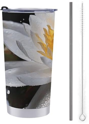 YJWANDL Travel Coffee Mug, White Lotus Print Insulated Travel Mug Stainless Steel Coffee Tumbler Car Cup Holder Mug Travel Tea Mug