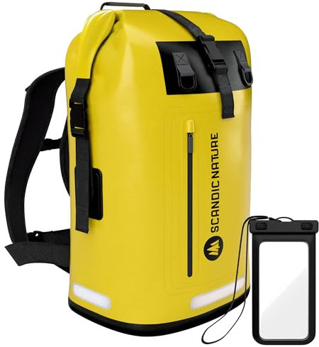 SCANDIC NATURE PIONEER 55L wasserdichter Rucksack gelb mit Rolltop Verschluss - extra robust dank Boden mit 1000D PVC LKW-Plane, 3 Reflektor-Streifen Rollverschluss, wasserfeste IPX8 Handyhülle