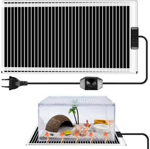 Tappetino riscaldante per terrario, 45 W, 28 x 80 cm, tappetino riscaldante rettile, cuscino riscaldante per contenitori in vetro, tappetino termico regolabile, per terrario, per rettili, tartarughe,