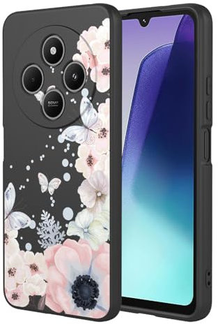 SEAHAI Hülle für Xiaomi Redmi 14C / Xiaomi Poco C75, Ultra Dünn Weich Liquid Silikon Stoßfeste Handyhülle, Stilvoll TPU Schutzhülle mit Niedlichen Blüten und Tierischen Mustern - Schwarz S01