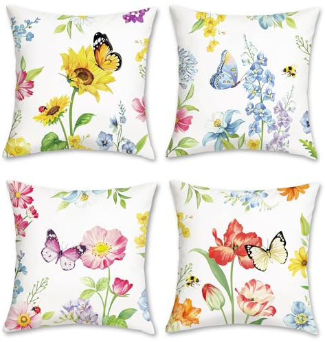 Bonhause 4er Set Kissenbezüge Blumen Garten 45 x 45 cm Blume Schmetterlinge Samt Soft Dekorative Kissenhülle Zierkissenbezüge für Sofa Schlafzimmer Zuhause Dekoration