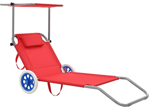 Xichuzi Tumbona Plegable con toldo y Ruedas Acero roja, Tumbonas Jardin Exterior, Tumbona Piscina, Sun Lounger, Tumbonas De Jardin, Cama Jardin Exterior, Tumbona De Playa
