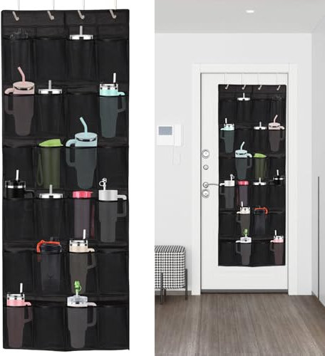 Cup Storage Organizer Compatible with Stanley, Large Capacity Hanging Door Water Bottle Holder for 24 Large Cups Foldable Tumbler Storage Kitchen Accessories for Yeti Owala Travel Mug