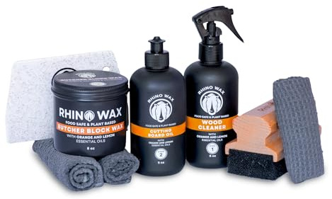 Rhino Wax Butcher Block Ultimate Care Kit - Includes Cutting Board Oil, Wax, Wood Spray Cleaner, Bench Scraper, LG Applicator, 3 Cloths - for Butcher Block Countertops and Large Cutting Boards