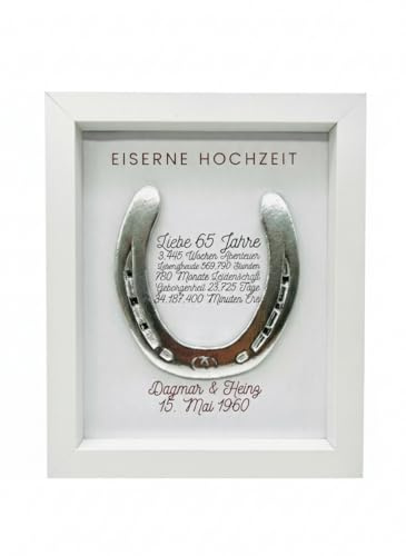 Generisch Geschenk zur eiserne Hochzeit, Eiserne Hochzeit, Wandbild 65 Jahre Ehe, personalisiertes getragenes Hufeisen (Weiß)