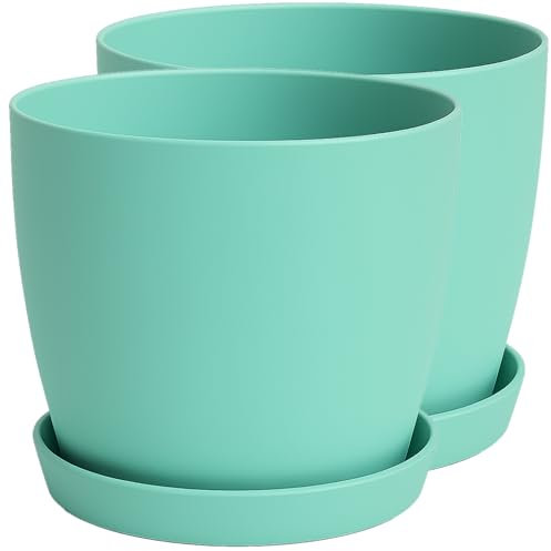 Home Garden Ornaments Plant Pots Indoor, Set of 2 with Saucers,6 Pastel Colours, Indoor Plant Pot, 8 Sizes (Green, 20cm / 7.9 inch)