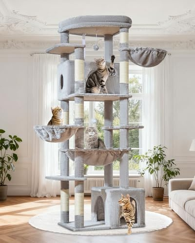 Taoqimiao 182 cm Kratzbaum XXL, Stabil, Groß, Katzenbaum für Katzen, F20W | Mehrstöckig, Innen, Für Mehrkatzen, Einfache Montage, 2 Häuser, Hängematte, Große Plattform, 7 Säulen, 2 Körbe, Hellgrau