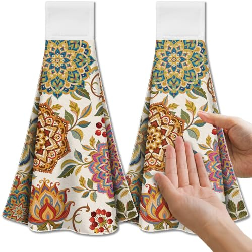 CUTHOLLOW Lot de 2 Torchons de Cuisine Suspendus - Motif de Fleur Vintage - Microfibre Douce et Super Absorbante, Torchon Décoratif Suspendu pour Vaisselle, Torchon pour Cuisine