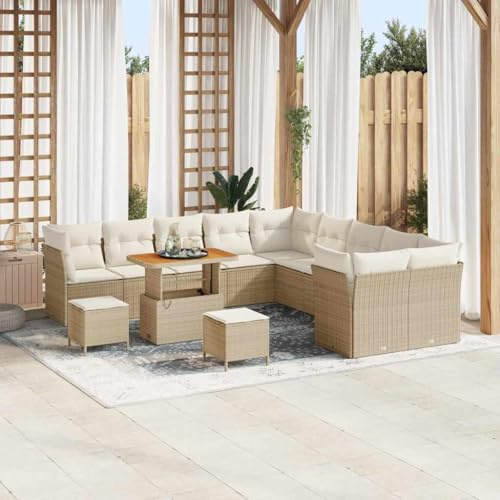 QJBSAVVA Gartengarnitur 13-TLG. Beige Poly-Rattan Lounge Set mit Eckbank und Tisch für Balkon Garten Terrasse bis 12 Sitzplätze Robustes Material für Outdoor-Nutzung