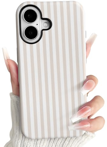 NITITOP for iPhone 16 Case Cute Striped Design, Apricot | for Women Girls Men, Stripes Lines Pattern, Hybrid 2 Layers, Hard PC Back Shockproof Cover, Raised Camera Lip Protection