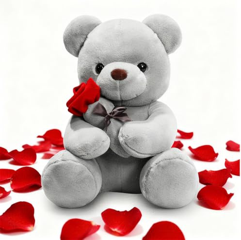 Teddybär, Plüsch Bär, 23cm Teddy mit Rosen, Stofftier Teddy, Spielzeug Kissen, Plüschtier Kuscheltier Schmusetier Geschenke für Freundin Mama Kinder Mädchen Ehefrau Valentinstag Geburtstag (Grau)