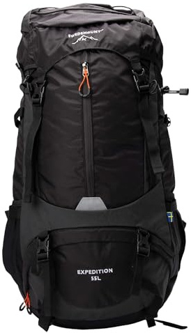 Swedemount Expedition Wander-Rucksäcke Unisex, Wasserabweisend | 55 Liter Volumen, Sechs Fächer, Verstellbare gepolsterte Träger, Trinksystem-kompatibel, Regenschutz inklusive