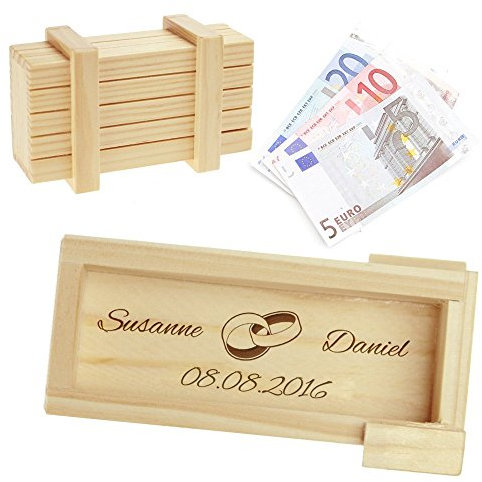 Casa Vivente Magische Geschenkbox aus hellem Holz mit Gravur zur Hochzeit – Motiv Ringe – Personalisiert mit Namen und Datum – Knobelspiel