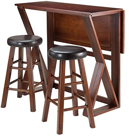Winsome 3-Piece Harrington Drop Leaf High Table with 2 Cushion Round Seat Stools, 24-Inch, Brown