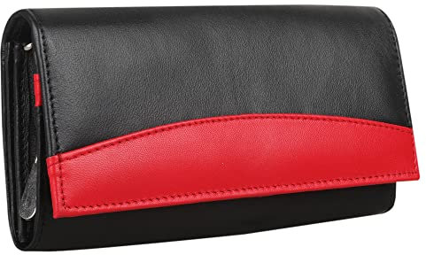Starhide-RFID-blockierende Damen-Geldbörse, Luxus-Geldbeutel, weich, schwarz-rot, echtes Nappa-Leder, für Kreditkarten, mit 2 Reißverschluss-Taschen Innen, 370