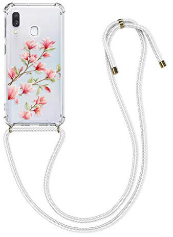 kwmobile Necklace Case kompatibel mit Samsung Galaxy A40 Hülle - Silikon Cover mit Handykette - Rosa Weiß Transparent Magnolien