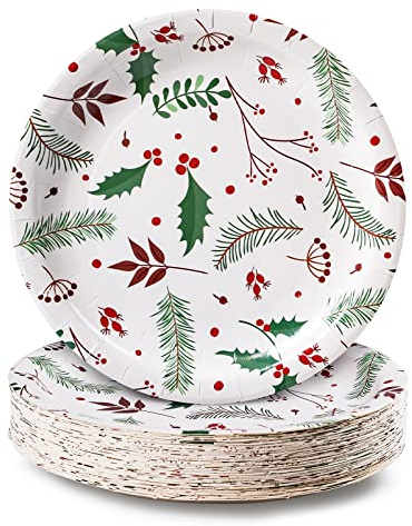 MATICAN Piatti di carta per feste, confezione da 50 piatti di carta usa e getta, forniture per feste di Natale, design a agrifoglio di Natale, piatti piani da 20,9
