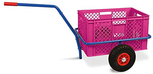 Handwagen mit Kunststoffkorb 600x400x320 mm / 63 Liter, pink, Tragkraft 200 kg, pannensichere Reifen