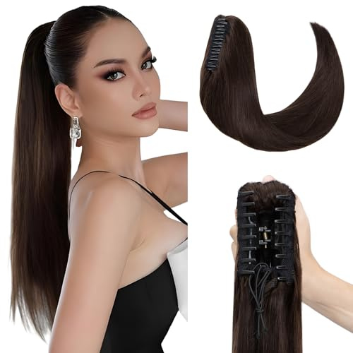 Elailite 50cm Extensions Echthaar Pferdeschwanz Ponytail Haarverlängerung Haarteile mit Klammer Remy Glatt Zopf Human Hair 20 120g #02 Dunkelbraun