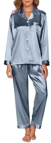 GAESHOW Pigiama Donna Estivo, Pigiama Donna Estivo in Raso con Bottoni, Pigiami Due Pezzi a Maniche Lunghe e Pantaloni Lunghi Morbido Comodo Set Pigiama S