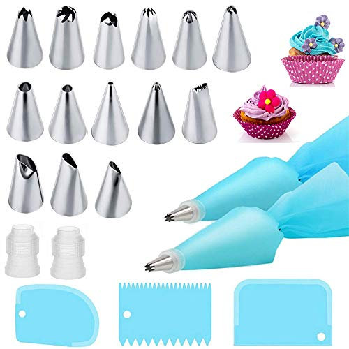 Set di 21 sacchetti e ugelli, kit di 2 tubazioni per torte con 2 sacchetti riutilizzabili per glassa, 2 accoppiatori, 3 raschietti in plastica per decorazioni fai da te e cupcake