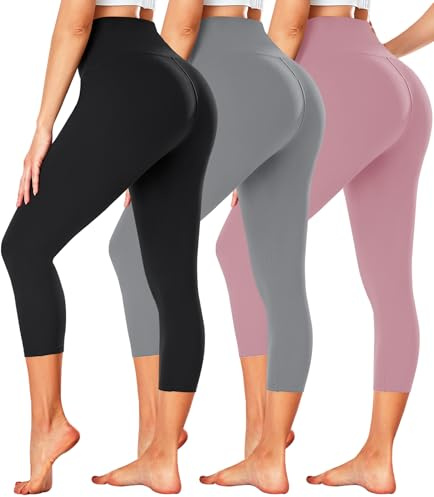 FULLSOFT Paquete de 3 leggings capri para mujer - Pantalones de yoga negros de cintura alta con control de abdomen para entrenamiento