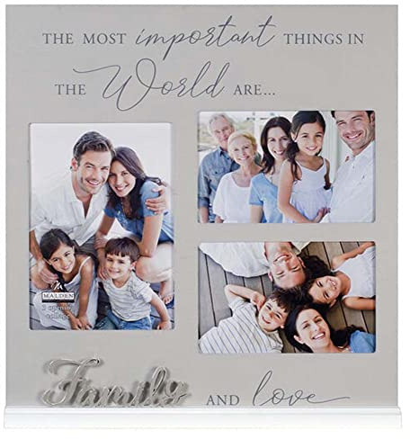 Malden International Designs 3 Opening Family Picture Frame The Most Important Things In The World Are... Family And Love Gray MDF Wood Frame Routed White MDF Wood Base Silver Finish Metal Word Attachment Screenprinted Text, (3566-30)