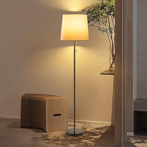 Aigostar Lámpara de pie, casquillo gordo E27, pantalla de tela blanca, pie metálico. Lámpara de pie estilo vintage con interruptor de tirador. Perfecta para salón, dormitorio, estudio etc