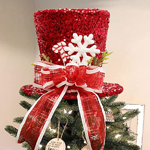 PIKRONSH Christmas Tree Topper, Red Shiny Sequins Top Hat Christmas Tree Top Decoration (Red)