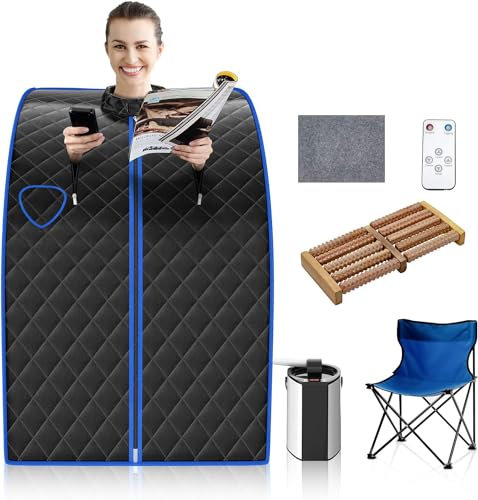 GOPLUS 1000W Sauna à Vapeur Portable 3L, Sauna Cabine Pliable avec Chaise, Température Réglable à 64℃, 9 Minuterie Réglable, Fonction d’atomisation pour Soulagement(Noir)