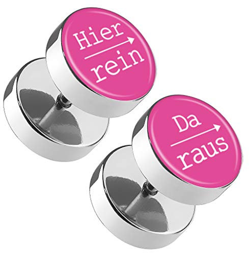 Piercingfaktor Runde Ohrringe Ohrstecker Fake Piercing Ohr Plug Flesh Tunnel Edelstahl Platte Stecker Spruch Hier rein, Da raus 12mm Pink