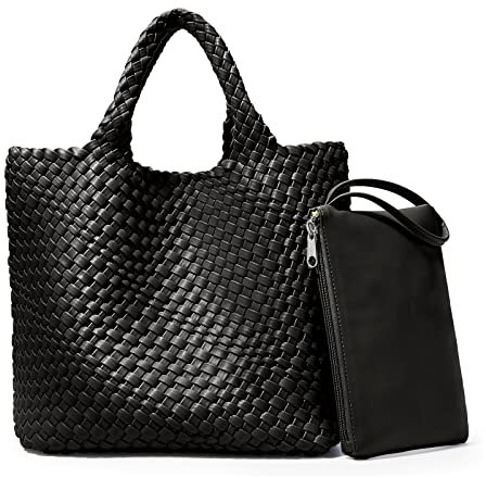 KALIDI Geflochten Leder Handtasche Damen Mittelgroß 26 x 30 x 16 cm Super Weich PU Veganes Leder Tote bag Schultertasche mit Kleiner Geldbörse, Handmade Leder Tasche für School Uni Büro Reise, Schwarz
