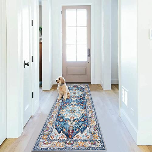 U'Artlines Boho-Läufer für Flur, 6x1.8 m, Vintage-Bauernhaus-Wäscheteppich, Läufer, Akzentbereich, Teppich, rutschfest, waschbar, Küchenbodenmatte, Matte, Überwurfteppich für Wohnzimmer (blau)