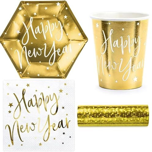 Capodanno - Set di stoviglie usa e getta, 45 pezzi, oro Happy New Year