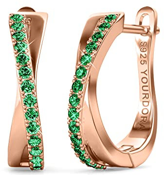 YOURDORA Creolen Silber Damen Klein Ohrringe 925 Silber Rhodiniert Kreolen 15mm mit Zirkonia aus Österreich (Roségold - Smaragd)