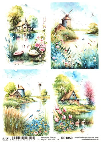Josys Bastelmärchen Reispapier A4 Strohseide Landschaft See Blumen Rosen Schwäne Haus Mühle RE1859