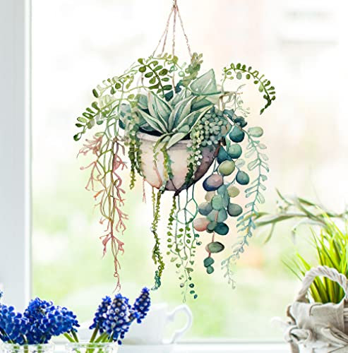 wolga-kreativ Fenstersticker Fensterbilder Glasdekorfolie Motiv Fensterfolie Fenstertattoo Hängende Blumen Kaktus im Keramiktopf Deko Küchenfenster wiederverwendbar selbstklebend Sichtschutz