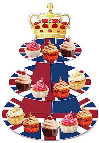 3 Tier Union Jack Flag Cupcake Stand Tower Party Decorations - Paper British Themed Cake Display Holder Dessert Tree Tower Serving Tray for His Majesty King's Birthday Candy Bar Tableware Decor