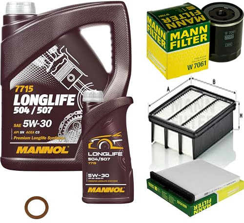 EISENFELS Filter Set Inspektionspaket erstellt mit 6 L Motoröl MANNOL Longlife 504/507 5W-30, MANN-FILTER Ölfilter, Luftfilter, Innenraumfilter, Dichtring