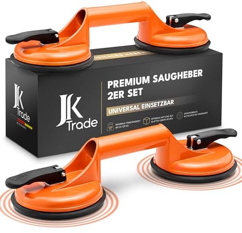 JK Trade® 2er Set Saugheber mit Tragegriff | rutschfester Vakuumheber mit Haltegriff bis 120 kg Tragkraft | Saugnapf Hebewerkzeug als Transporthilfe für Glasscheiben, Fliesen, Autoscheiben, Trockner