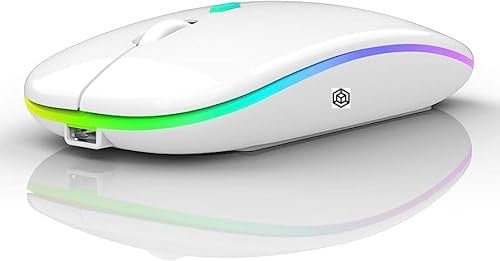 URBANWAZE Wireless Silent Rechargeable RGB LED Wireless Mouse for Laptop Computer Tablets 3 Adjustment Levels Fast PC USB 2.4G Slim Noiseless Cordless Mouse 800 to 2400 Dpi Windows/MAC/OS/Linux WHITE