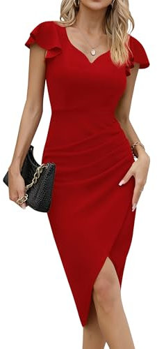 Missufe Vestido de cóctel para mujer, vestido de fiesta, vestido midi de verano, elegante, bodycon vintage, con volantes, rojo, L