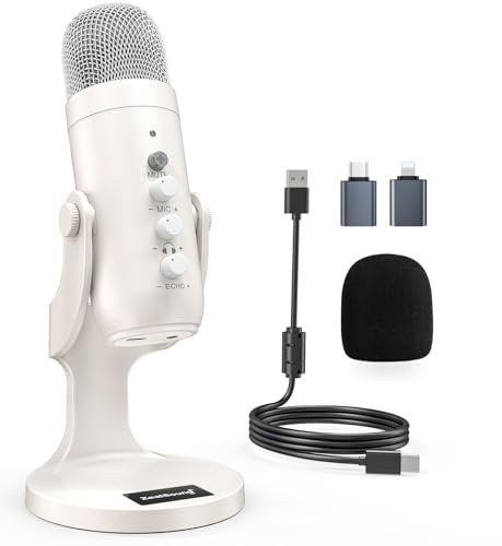 zealsound USB Microphone, k66 Pearly White Podcast Mic for PC iPhone Mac PS4&5 Android, with Mute/Noise Reducing/Echo/Gain, Plug & Play for Recording, Streaming, Vocal, Gaming, ASMR, YouTuber, Twitch