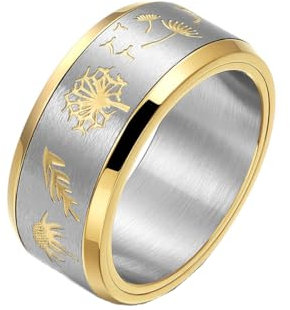 HIJONES Drehbarer Blume Löwenzahn Ring für Herren Damen Edelstahl Statement Hochzeit Band Fingerschmuck Gold Größe 60