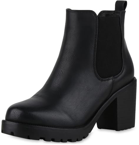 VAN HILL Damen Stiefeletten Chelsea Boots Profilsohle Blockabsatz Schuhe 611521 Schwarz 40